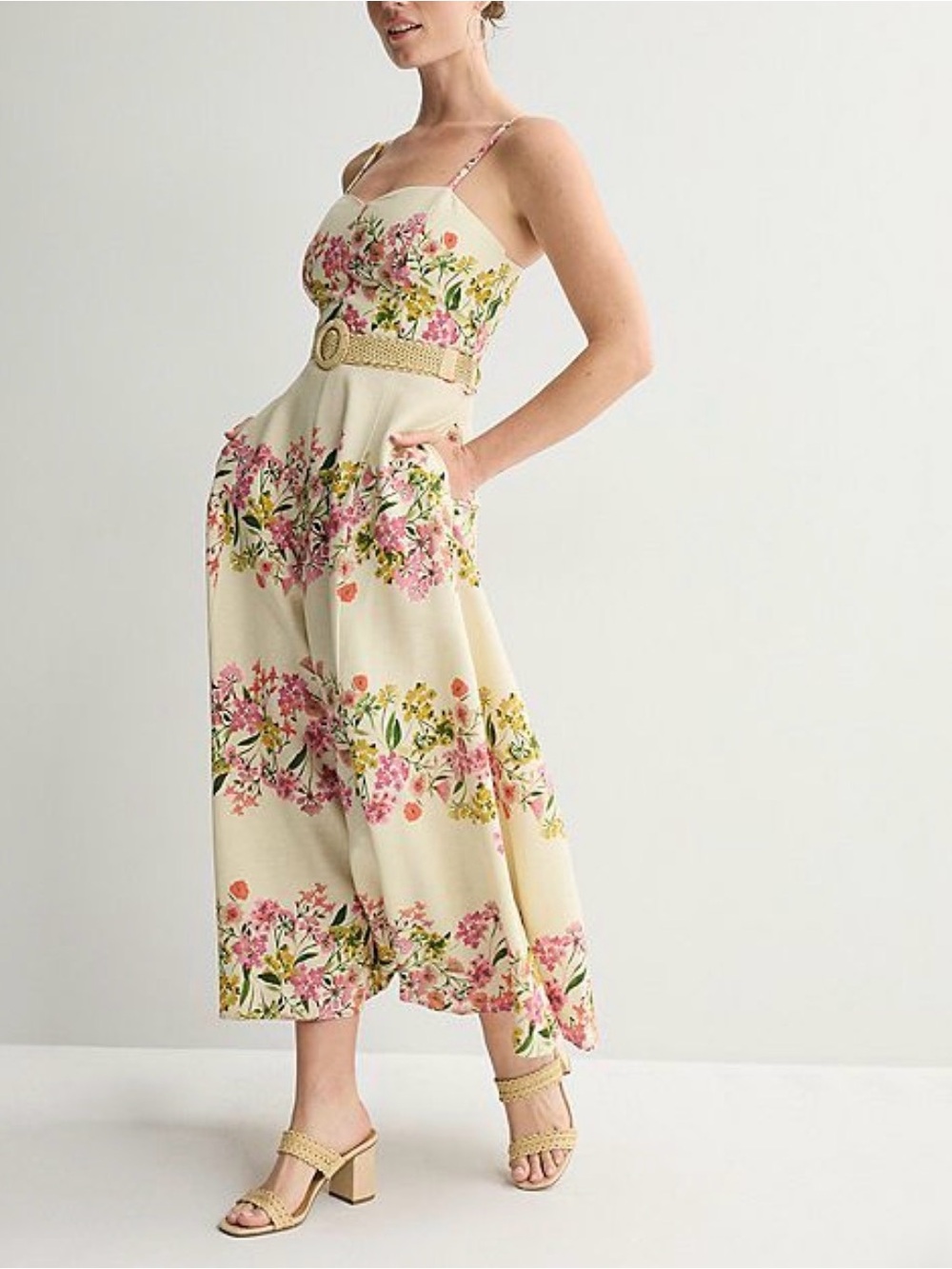 Taylor Floral Spaghetti-Strap Maxi Dress in Cream NWT